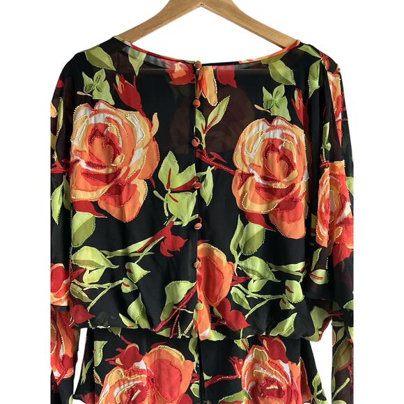 Vintage Kay Unger Size 6 100%‎ Silk Rose Floral Blouse Beaded Embroidered Blouse - Picture 2 of 7